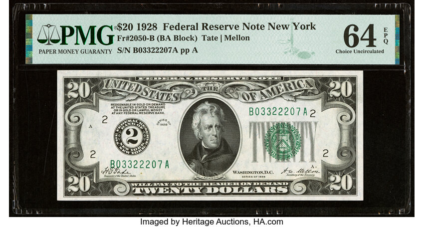 image for: Fr. 2050-B $20 1928 Federal Reserve Note. PMG Choice Uncirculated 64 EPQ....