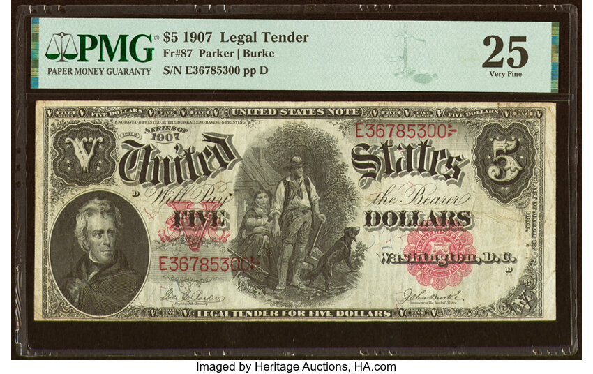 image for: Fr. 87 $5 1907 Legal Tender PMG Very Fine 25....