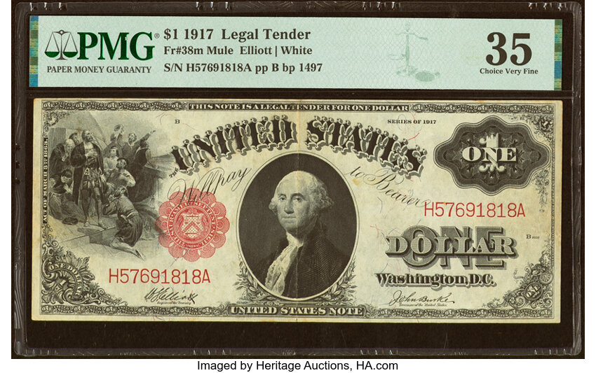 image for: Fr. 38 $1 1917 Mule Legal Tender PMG Choice Very Fine 35....