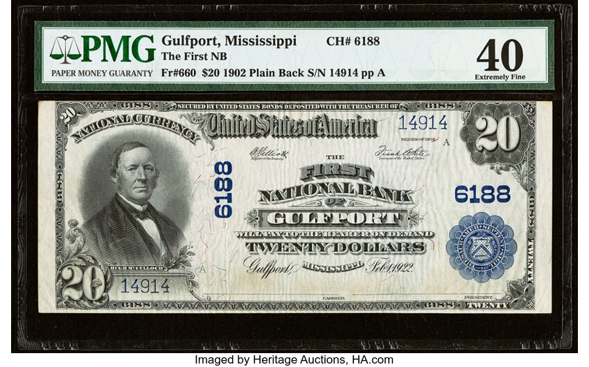 image for: Gulfport, MS - $20 1902 Plain Back Fr. 660 The First National Bank Ch. # 6188 PMG Extremely Fine 40....