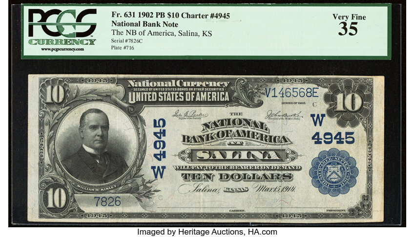 image for: Salina, KS - $10 1902 Plain Back Fr. 631 The National Bank of America Ch. # (W)4945 PCGS Very Fine 35....