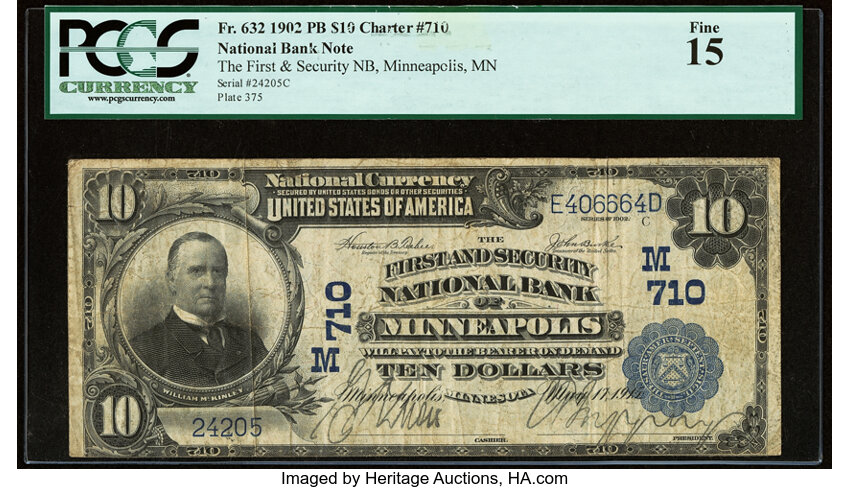 image for: Minneapolis, MN - $10 1902 Plain Back Fr. 632 The First & Security National Bank Ch. # (M)710 PCGS Fine 15....