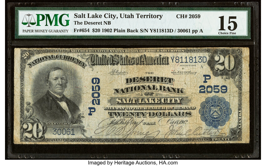 image for: Salt Lake City, UT - $20 1902 Plain Back Fr. 654 The Deseret National Bank Ch. # (P)2059 PMG Choice Fine 15....