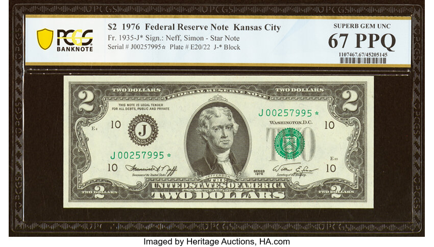 image for: Fr. 1935-J* $2 1976 Federal Reserve Star Note. PCGS Banknote Superb Gem Unc 67 PPQ....