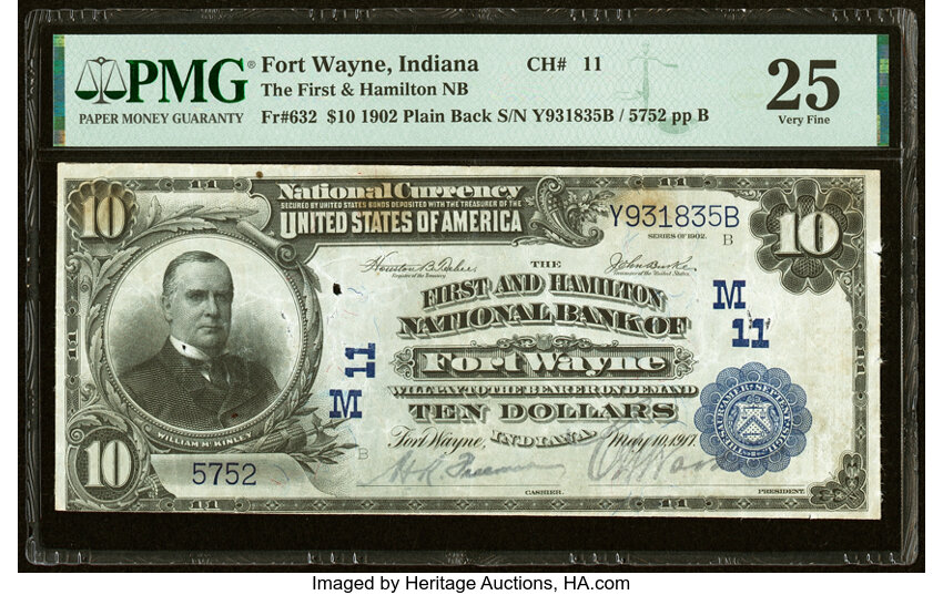 image for: Fort Wayne, IN - $10 1902 Plain Back Fr. 632 The First & Hamilton National Bank Ch. # (M)11 PMG Very Fine 25....