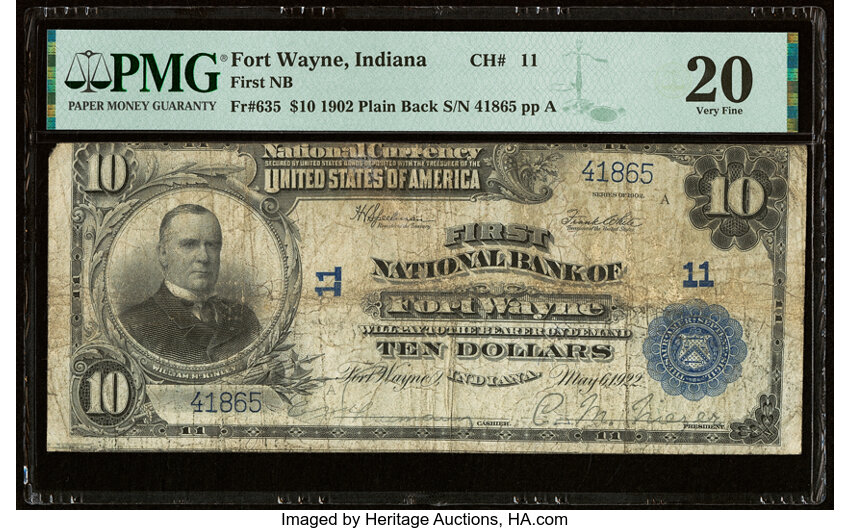 image for: Fort Wayne, IN - $10 1902 Plain Back Fr. 635 First National Bank Ch. # 11 PMG Very Fine 20....