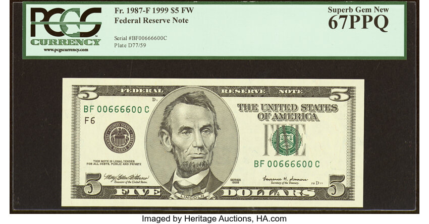 image for: Fancy Radar Serial Number 00666600 Fr. 1987-F $5 1999 Federal Reserve Note. PCGS Superb Gem New 67PPQ....