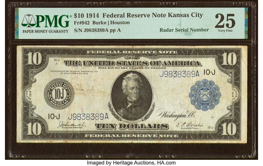 image for: Radar Serial Number 9838389 Fr. 942 $10 1914 Federal Reserve Note PMG Very Fine 25....