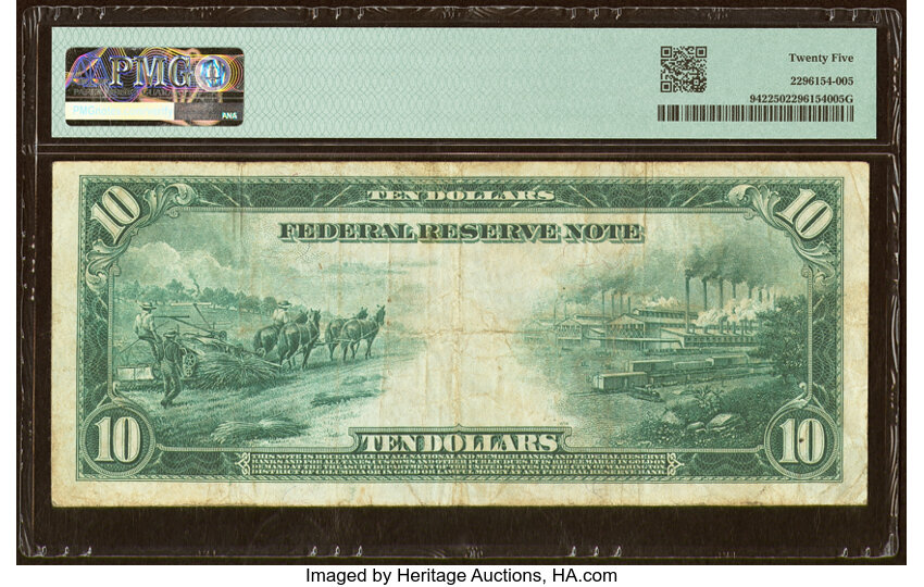 image for: Radar Serial Number 9838389 Fr. 942 $10 1914 Federal Reserve Note PMG Very Fine 25....