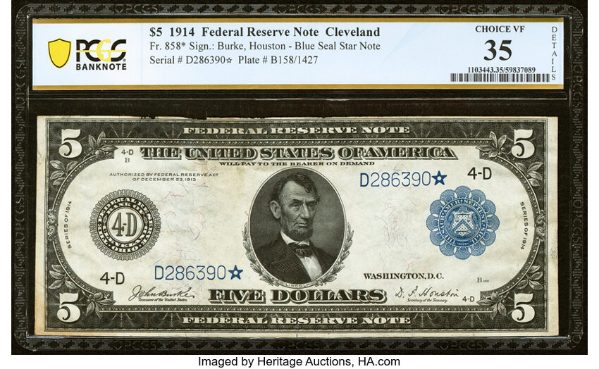 image for: Fr. 858* $5 1914 Federal Reserve Star Note PCGS Choice VF 35 Details....