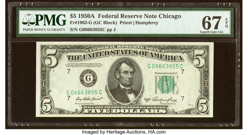 image for: Fr. 1962-G $5 1950A Federal Reserve Note. PMG Superb Gem Unc 67 EPQ....