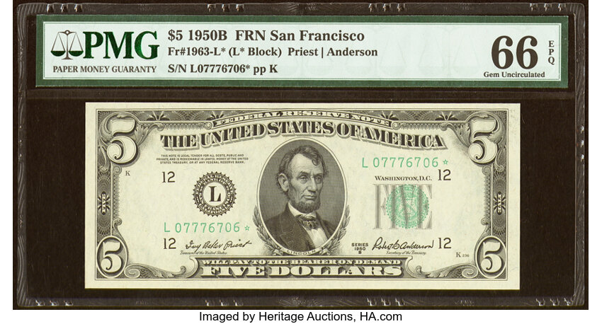 image for: Fr. 1963-L* $5 1950B Federal Reserve Star Note. PMG Gem Uncirculated 66 EPQ....