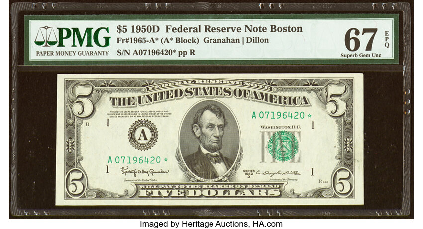 image for: Fr. 1965-A* $5 1950D Federal Reserve Star Note. PMG Superb Gem Unc 67 EPQ....