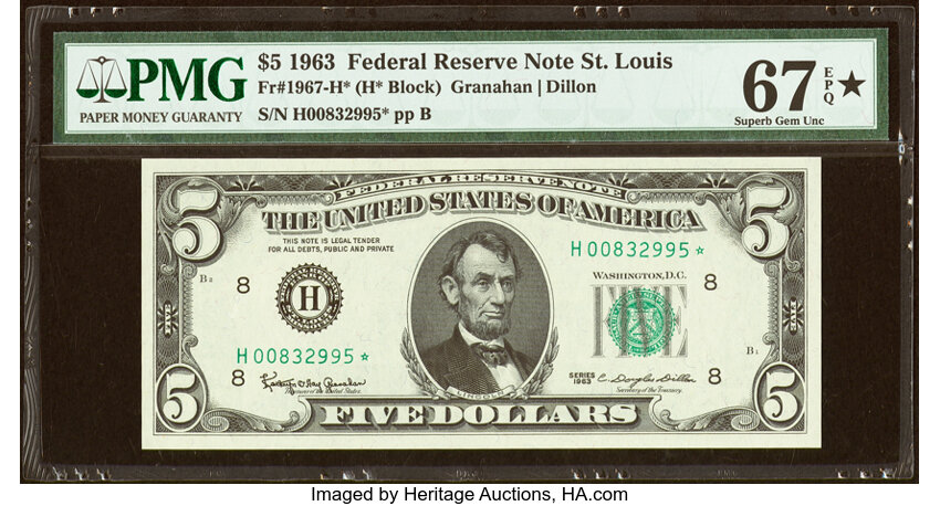 image for: Fr. 1967-H* $5 1963 Federal Reserve Star Note. PMG Superb Gem Unc 67 EPQ*....