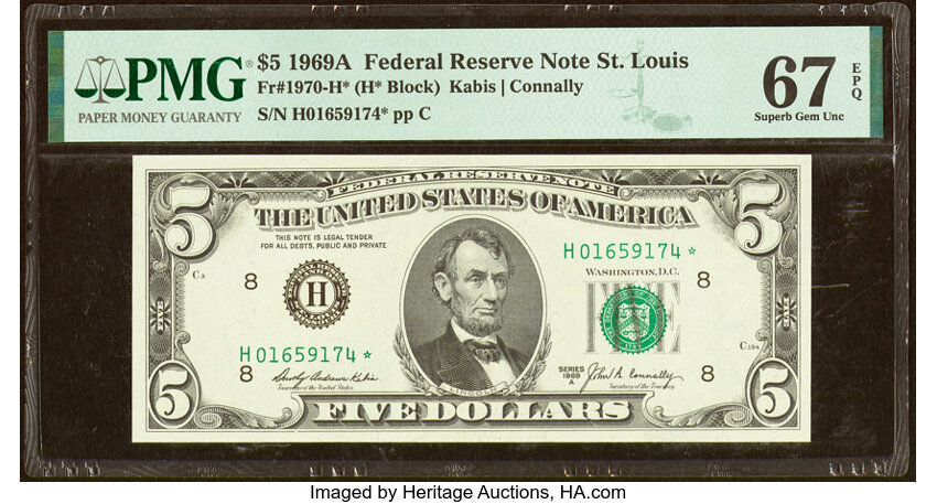 image for: Fr. 1970-H* $5 1969A Federal Reserve Star Note. PMG Superb Gem Unc 67 EPQ....