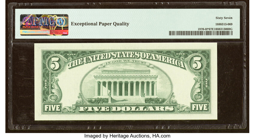 image for: Fr. 1970-H* $5 1969A Federal Reserve Star Note. PMG Superb Gem Unc 67 EPQ....