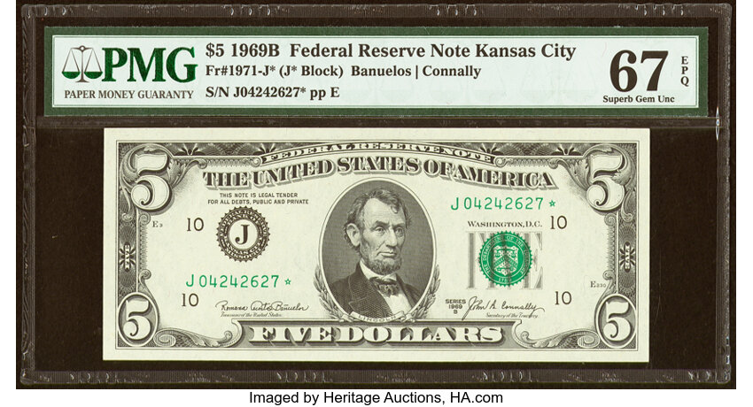 image for: Fr. 1971-J* $5 1969B Federal Reserve Star Note. PMG Superb Gem Unc 67 EPQ....