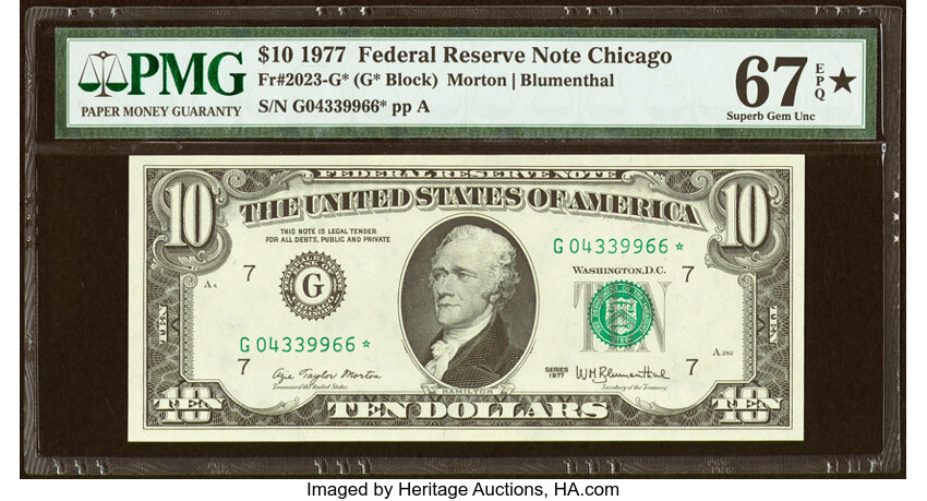 image for: Fr. 2023-G* $10 1977 Federal Reserve Star Note. PMG Superb Gem Unc 67 EPQ*....