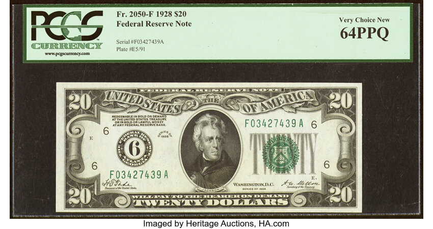 image for: Fr. 2050-F $20 1928 Federal Reserve Note. PCGS Very Choice New 64PPQ....