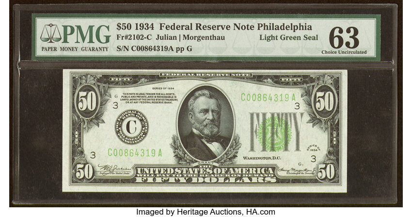 image for: Fr. 2102-C $50 1934 Light Green Seal Federal Reserve Note. PMG Choice Uncirculated 63....