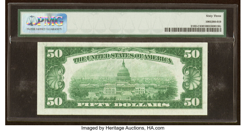 image for: Fr. 2102-C $50 1934 Light Green Seal Federal Reserve Note. PMG Choice Uncirculated 63....