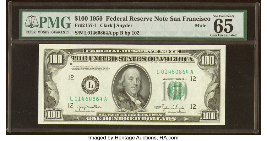 image for: Fr. 2157-L $100 1950 Mule Federal Reserve Note. PMG Gem Uncirculated 65 EPQ....
