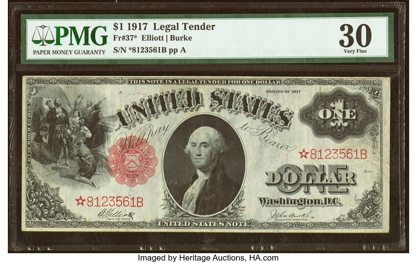 image for: Fr. 37* $1 1917 Legal Tender Star Note PMG Very Fine 30....