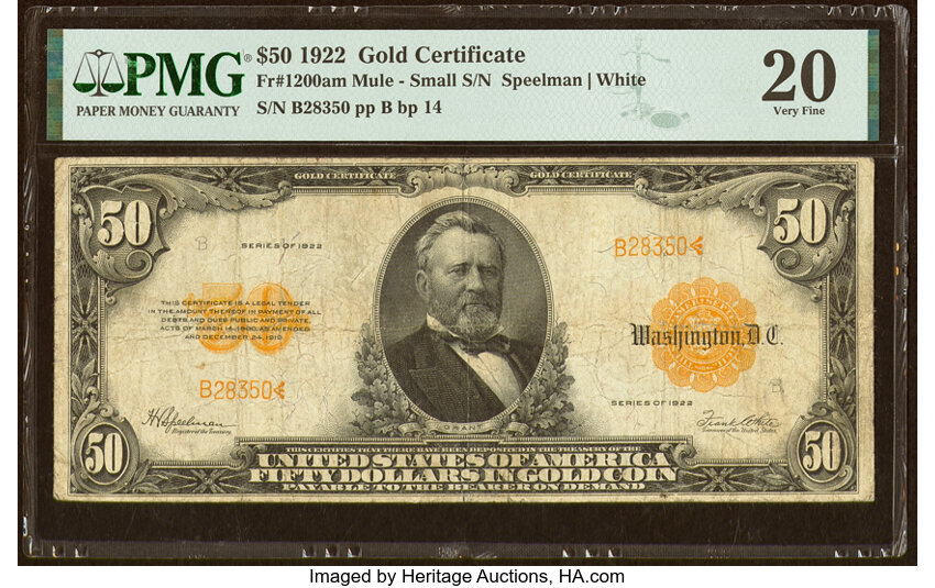 image for: Fr. 1200a $50 1922 Mule Gold Certificate PMG Very Fine 20....