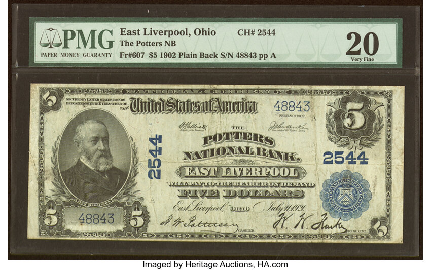 image for: East Liverpool, OH - $5 1902 Plain Back Fr. 607 The Potters National Bank Ch. # 2544 PMG Very Fine 20....