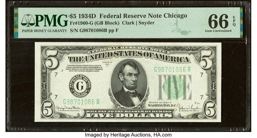 image for: Fr. 1960-G $5 1934D Federal Reserve Note. PMG Gem Uncirculated 66 EPQ....
