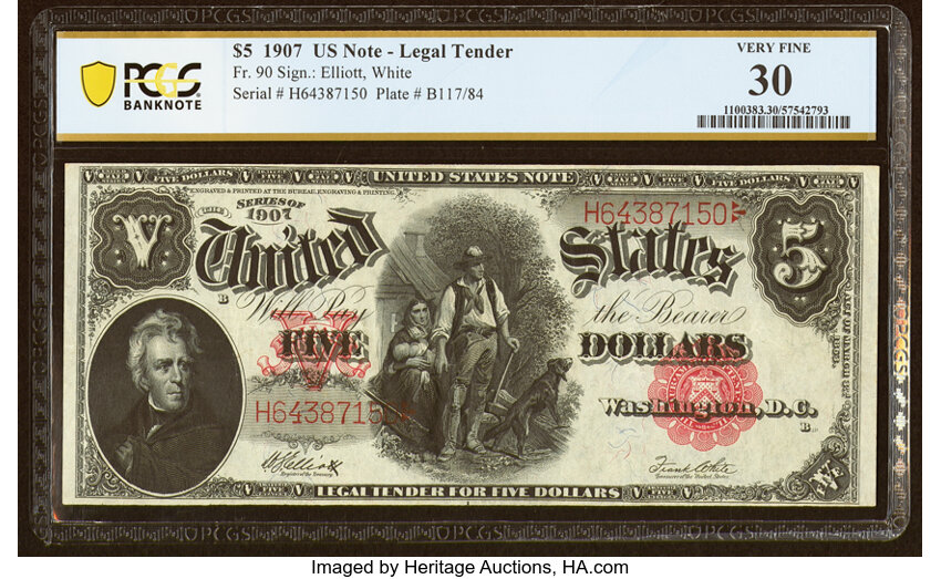 image for: Fr. 90 $5 1907 Legal Tender PCGS Banknote Very Fine 30....