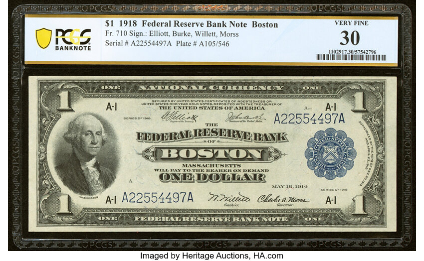 image for: Fr. 710 $1 1918 Federal Reserve Bank Note PCGS Banknote Very Fine 30....