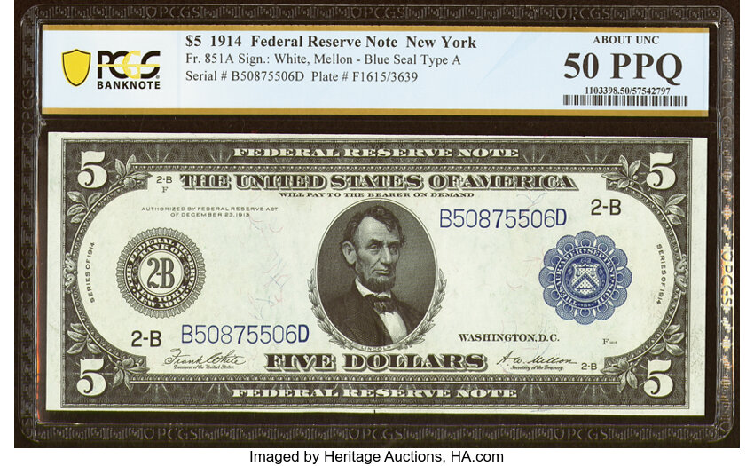 image for: Fr. 851a $5 1914 Federal Reserve Note PCGS Banknote About Unc 50 PPQ....