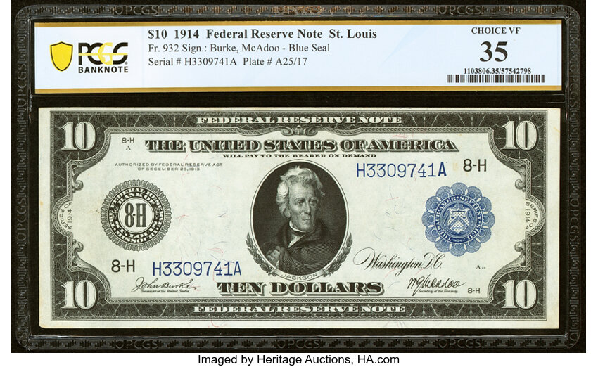 image for: Fr. 932 $10 1914 Federal Reserve Note PCGS Banknote Choice VF 35....
