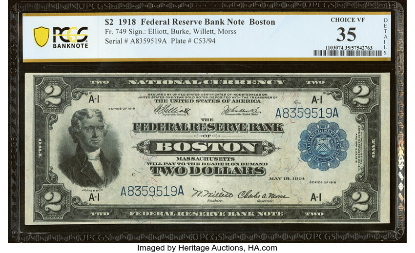 image for: Fr. 749 $2 1918 Federal Reserve Bank Note PCGS Banknote Choice VF 35 Details....