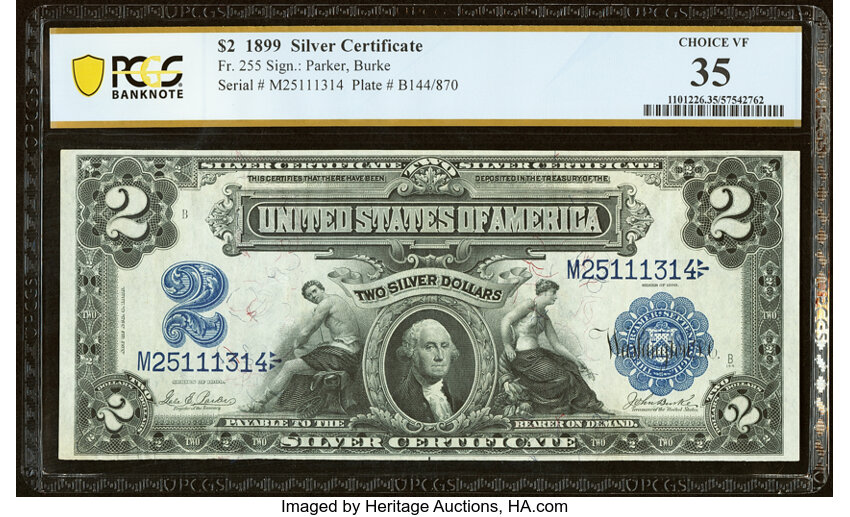 image for: Fr. 255 $2 1899 Silver Certificate PCGS Banknote Choice VF 35....