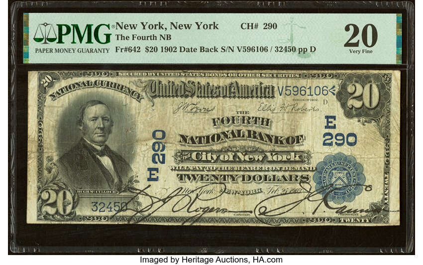 image for: New York, NY - $20 1902 Date Back Fr. 642 The Fourth National Bank Ch. # (E)290 PMG Very Fine 20....
