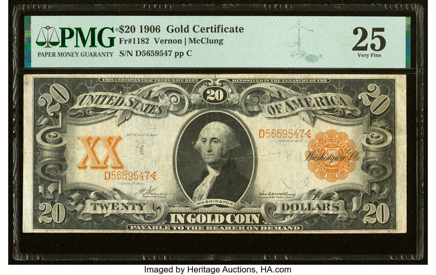 image for: Fr. 1182 $20 1906 Gold Certificate PMG Very Fine 25....