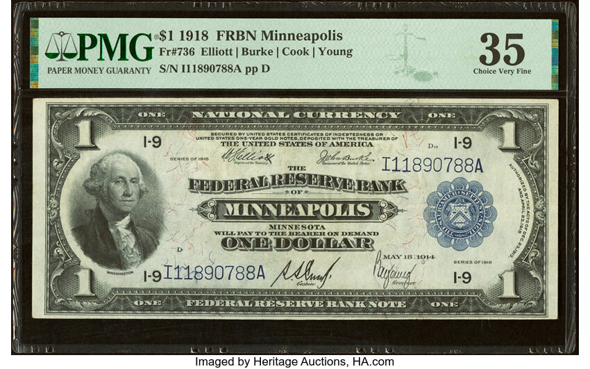 image for: Fr. 736 $1 1918 Federal Reserve Bank Note PMG Choice Very Fine 35....