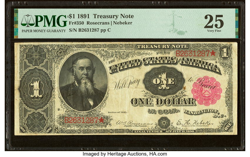 image for: Fr. 350 $1 1891 Treasury Note PMG Very Fine 25....