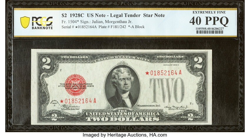 image for: Fr. 1504* $2 1928C Legal Tender Star Note. PCGS Banknote Extremely Fine 40 PPQ....