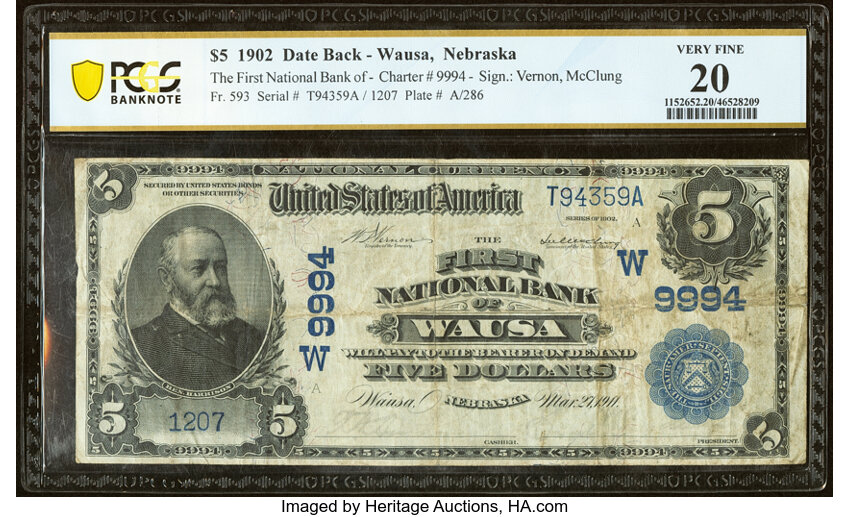 image for: Wausa, NE - $5 1902 Date Back Fr. 593 The First National Bank Ch. # (W)9994 PCGS Banknote Very Fine 20....