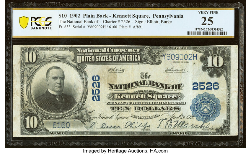 image for: Kennett Square, PA - $10 1902 Plain Back Fr. 633 The National Bank of Kennett Square Ch. # 2526 PCGS Banknote Very Fine 25....