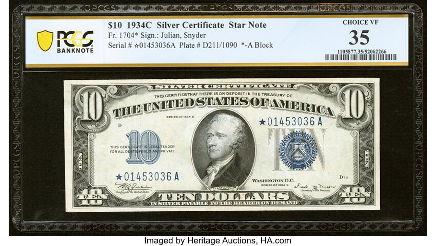 image for: Fr. 1704* $10 1934C Silver Certificate Star Note. PCGS Banknote Choice VF 35....