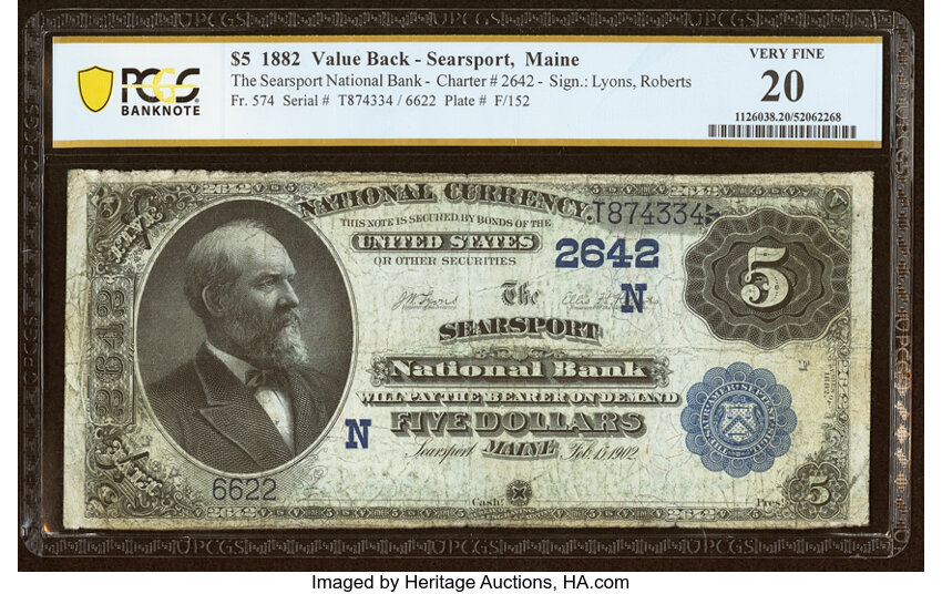 image for: Searsport, ME - $5 1882 Value Back Fr. 574 The Searsport National Bank Ch. # (N)2642 PCGS Banknote Very Fine 20....