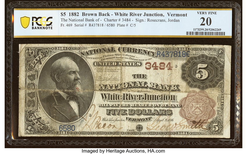 image for: White River Junction, VT - $5 1882 Brown Back Fr. 469 The National Bank of White River Junction Ch. # 3484 PCGS Banknote Very ...