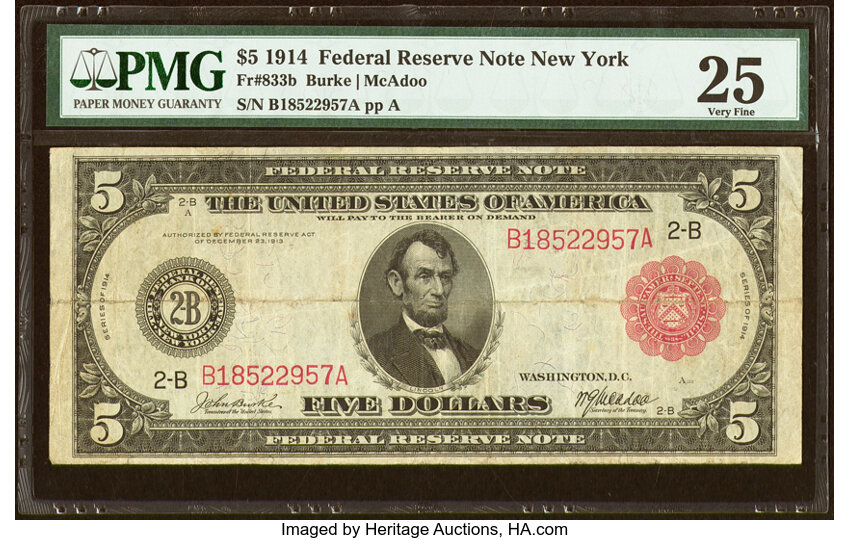 image for: Fr. 833b $5 1914 Red Seal Federal Reserve Note PMG Very Fine 25....