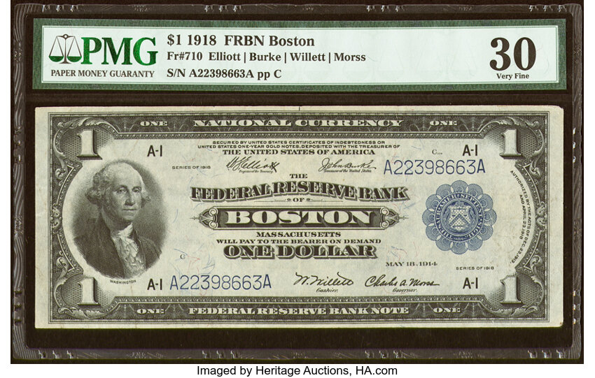 image for: Fr. 710 $1 1918 Federal Reserve Bank Note PMG Very Fine 30....