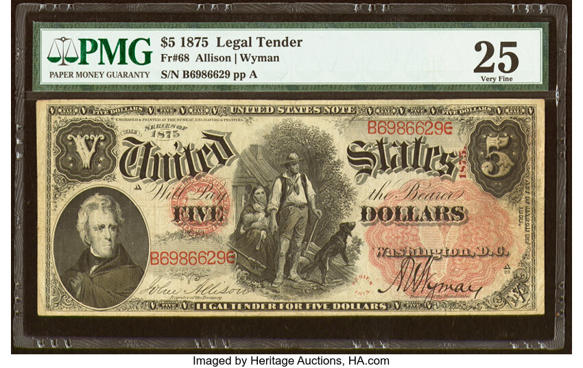 image for: Fr. 68 $5 1875 Legal Tender PMG Very Fine 25....