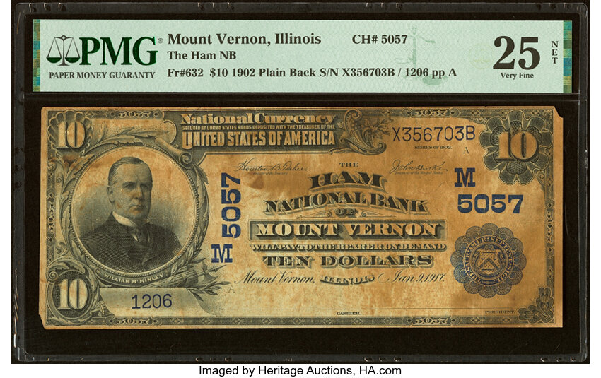 image for: Mount Vernon, IL - $10 1902 Plain Back Fr. 632 The Ham National Bank Ch. # (M)5057 PMG Very Fine 25 Net....